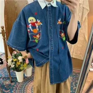 2022 Men's Cartoon Embroidered Denim Short Sleeved Shirts Fashion Trend Brand Lapel Collar Denim Coats Blue Color Shirts M-XL