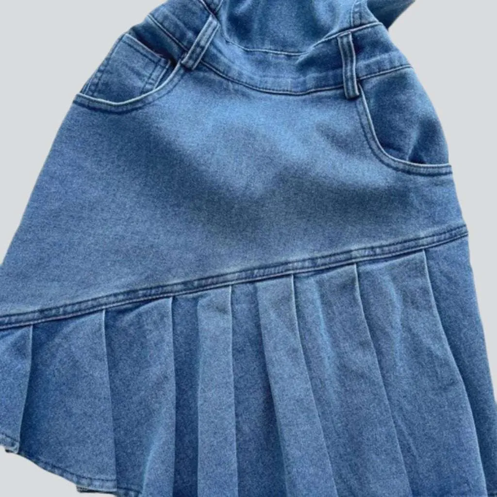 Asymmetric pleated strapless denim dress