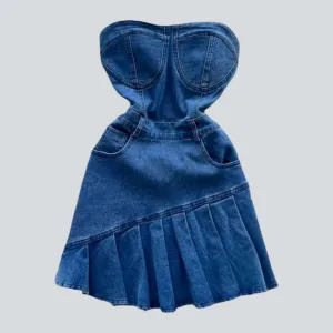 Asymmetric pleated strapless denim dress