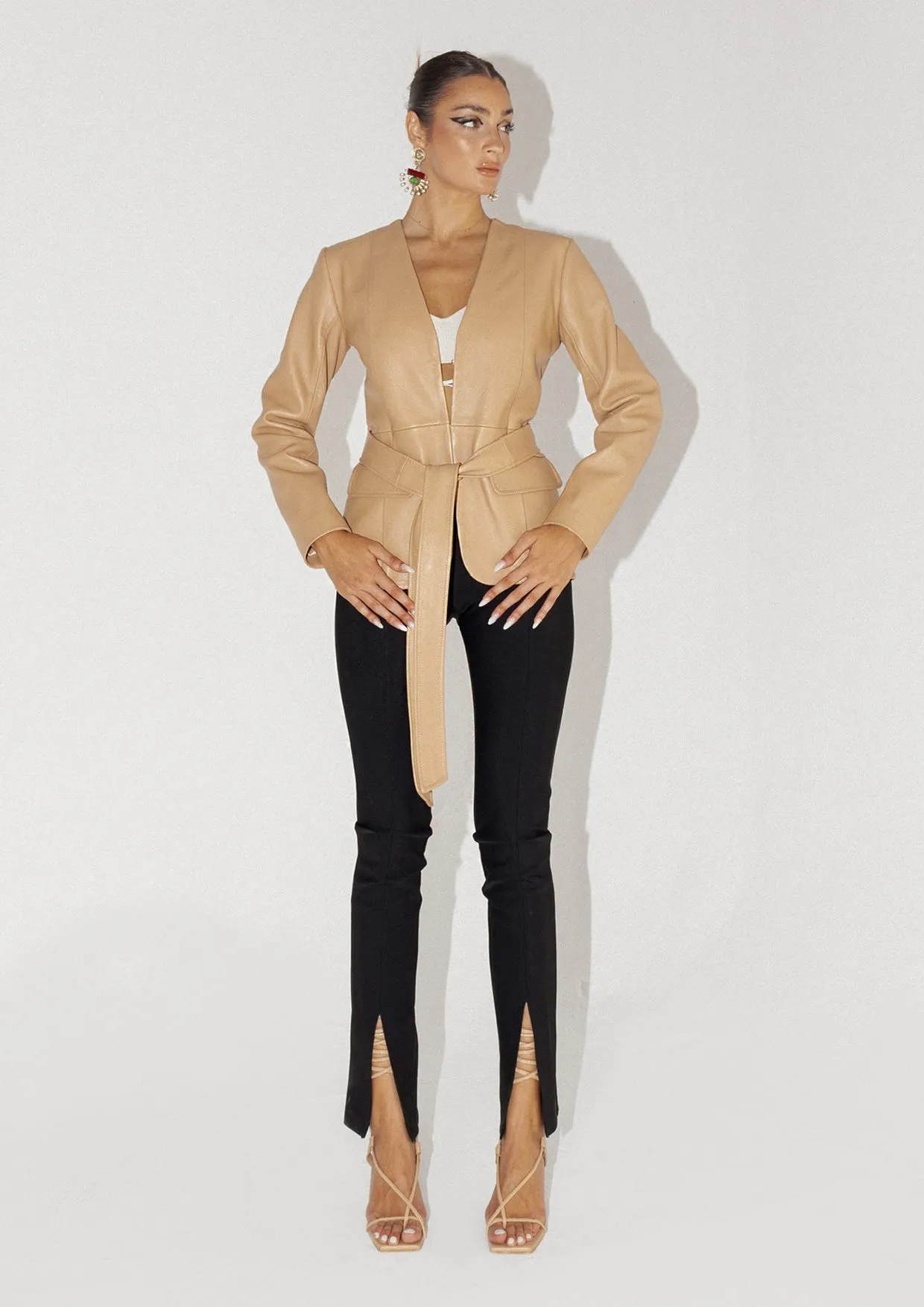 Cordelia Tie-Belt Leather Blazer