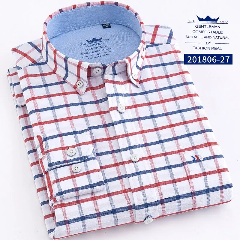 High Quality 100% Cotton Oxford Mens Long Sleeve Shirts Casual Slim-fit Plaid/Striped Male Dress Shirt For Men Business Shirts