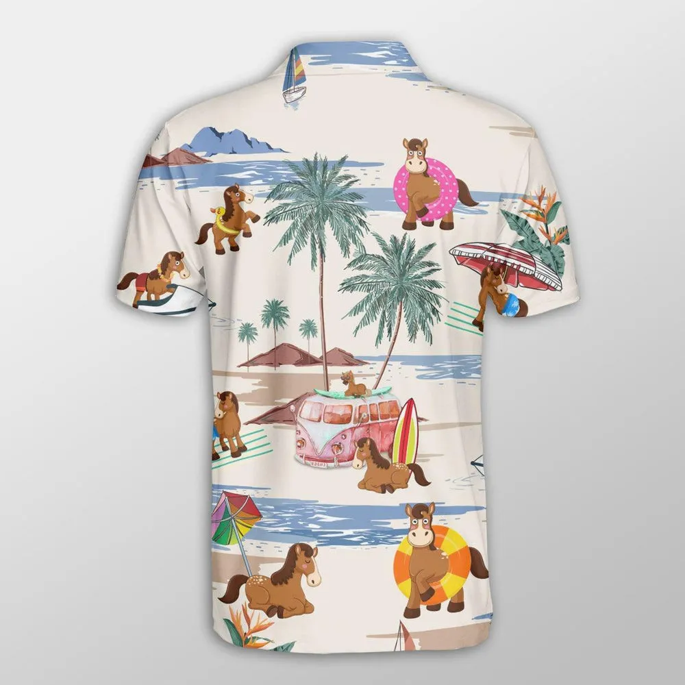 Horse Men Polo Shirts For Summer - Horse Summer Beach Pattern Button Shirts For Men - Perfect Gift For Horse Lovers, Cattle Lovers