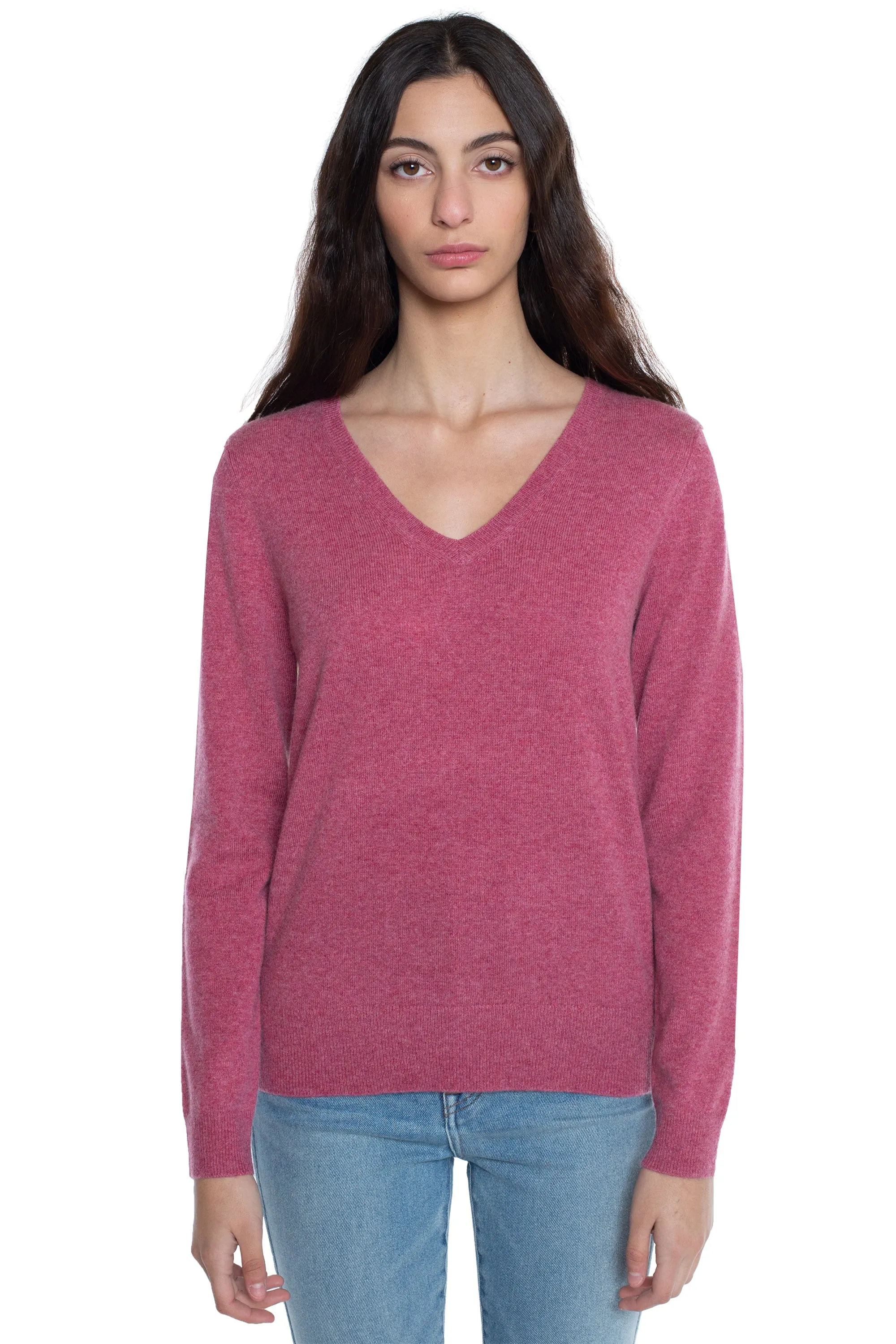 JENNIE LIU Women's 100% Pure Cashmere Long Sleeve Pullover V Neck Sweater