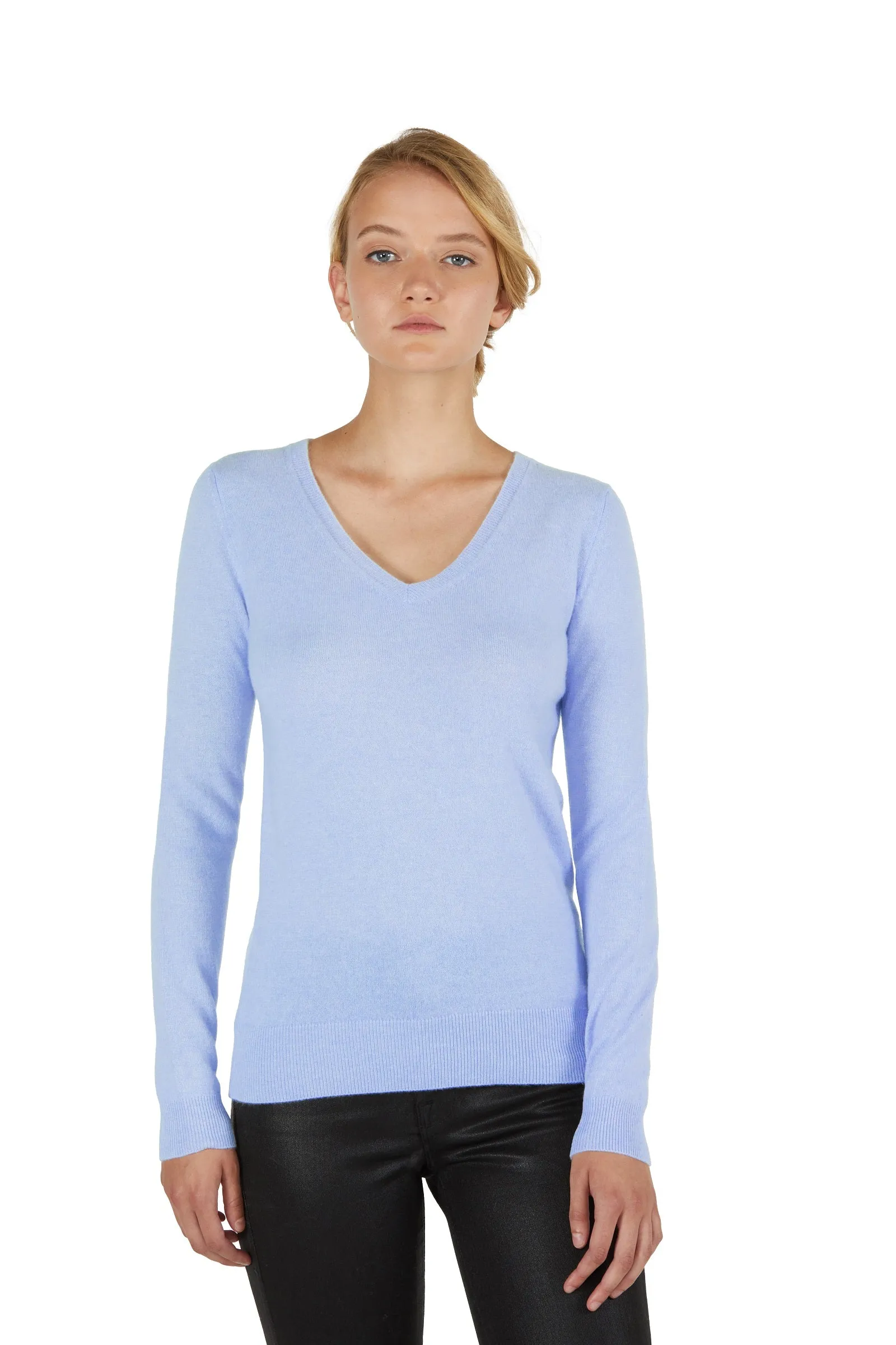 JENNIE LIU Women's 100% Pure Cashmere Long Sleeve Pullover V Neck Sweater