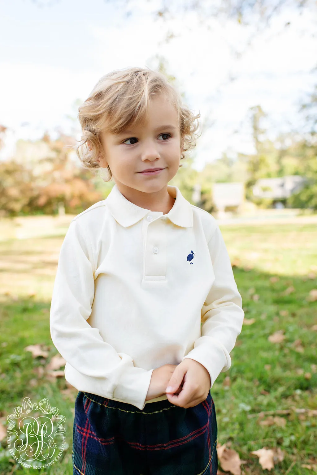 Long Sleeve Prim & Proper Polo & Onesie - Palmetto Pearl with Nantucket Navy Stork