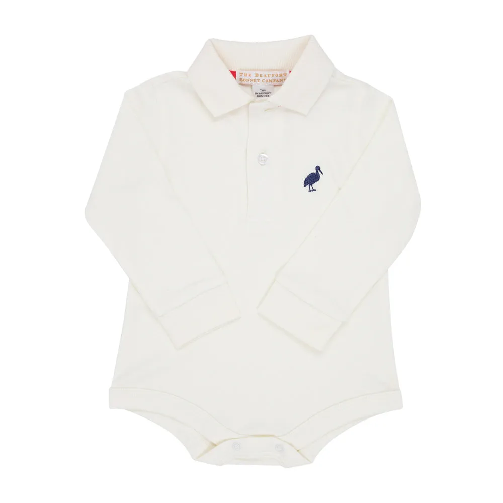 Long Sleeve Prim & Proper Polo & Onesie - Palmetto Pearl with Nantucket Navy Stork