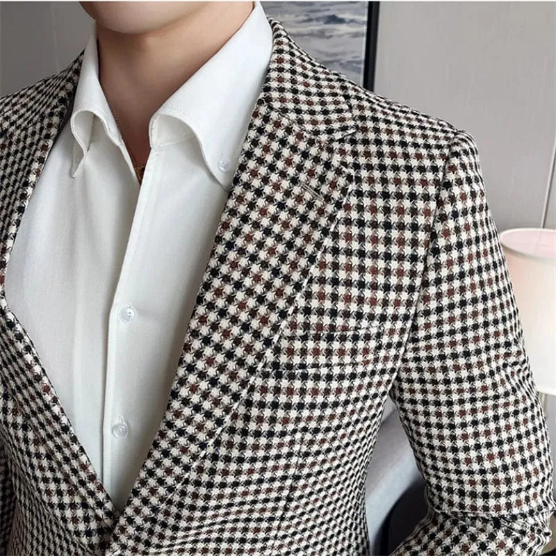 Men’s British Style Slim Fit Houndstooth Blazer – High-Quality Business & Wedding Suit Jacket