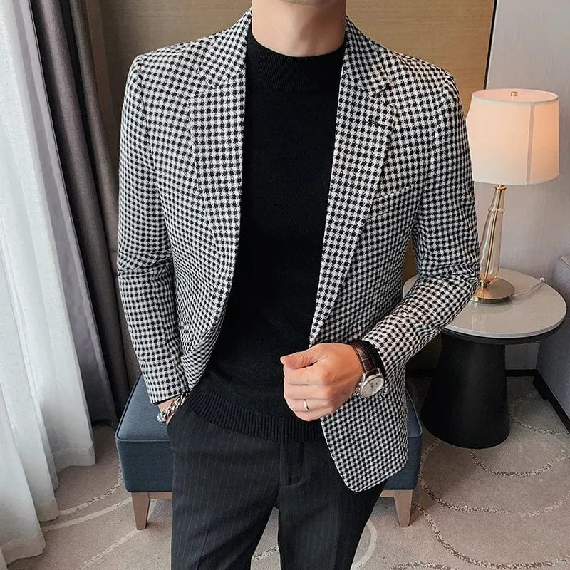 Men’s British Style Slim Fit Houndstooth Blazer – High-Quality Business & Wedding Suit Jacket