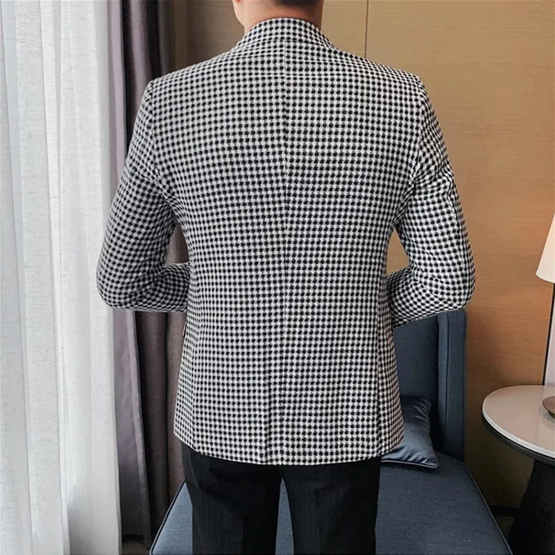 Men’s British Style Slim Fit Houndstooth Blazer – High-Quality Business & Wedding Suit Jacket