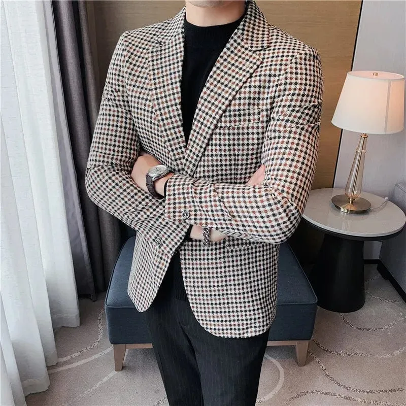 Men’s British Style Slim Fit Houndstooth Blazer – High-Quality Business & Wedding Suit Jacket