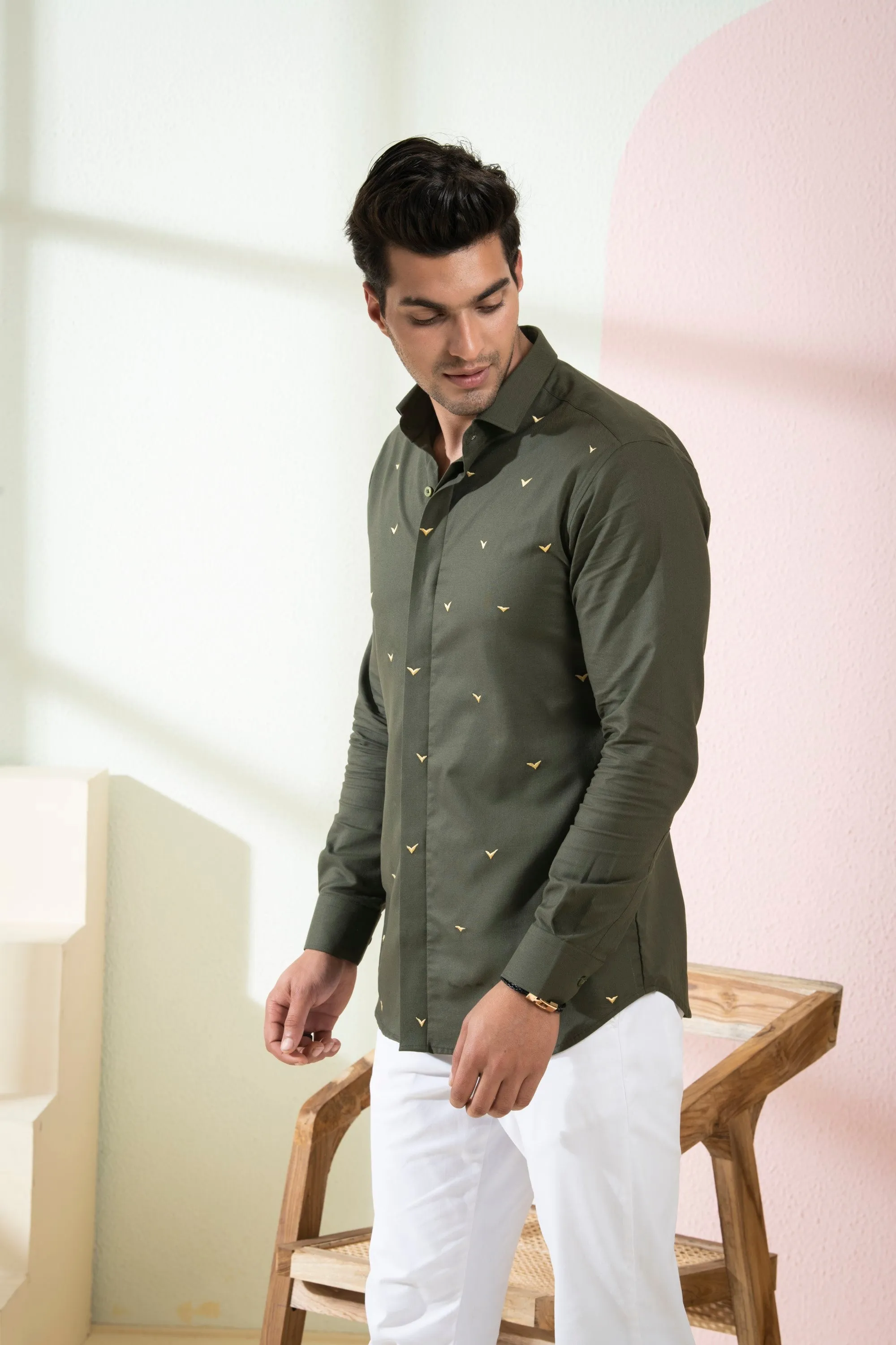 Men's Olive Green Color Avian Full Sleeves Shirt - Hilo Design