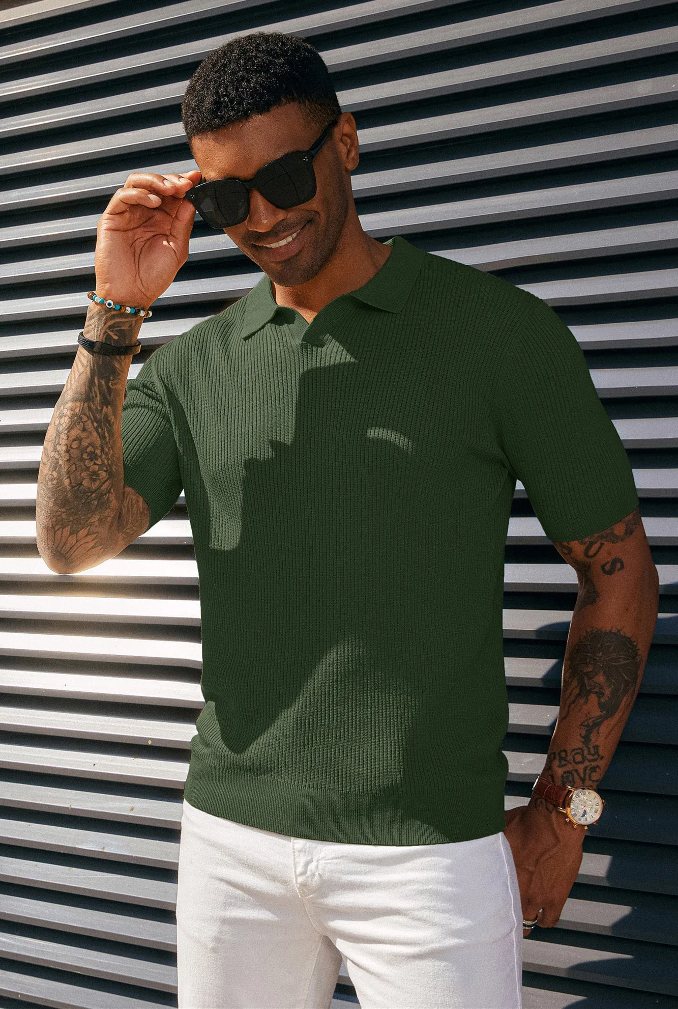 Men's Polo Shirt Ribbed Textured V Neck Knit Polo Shirts