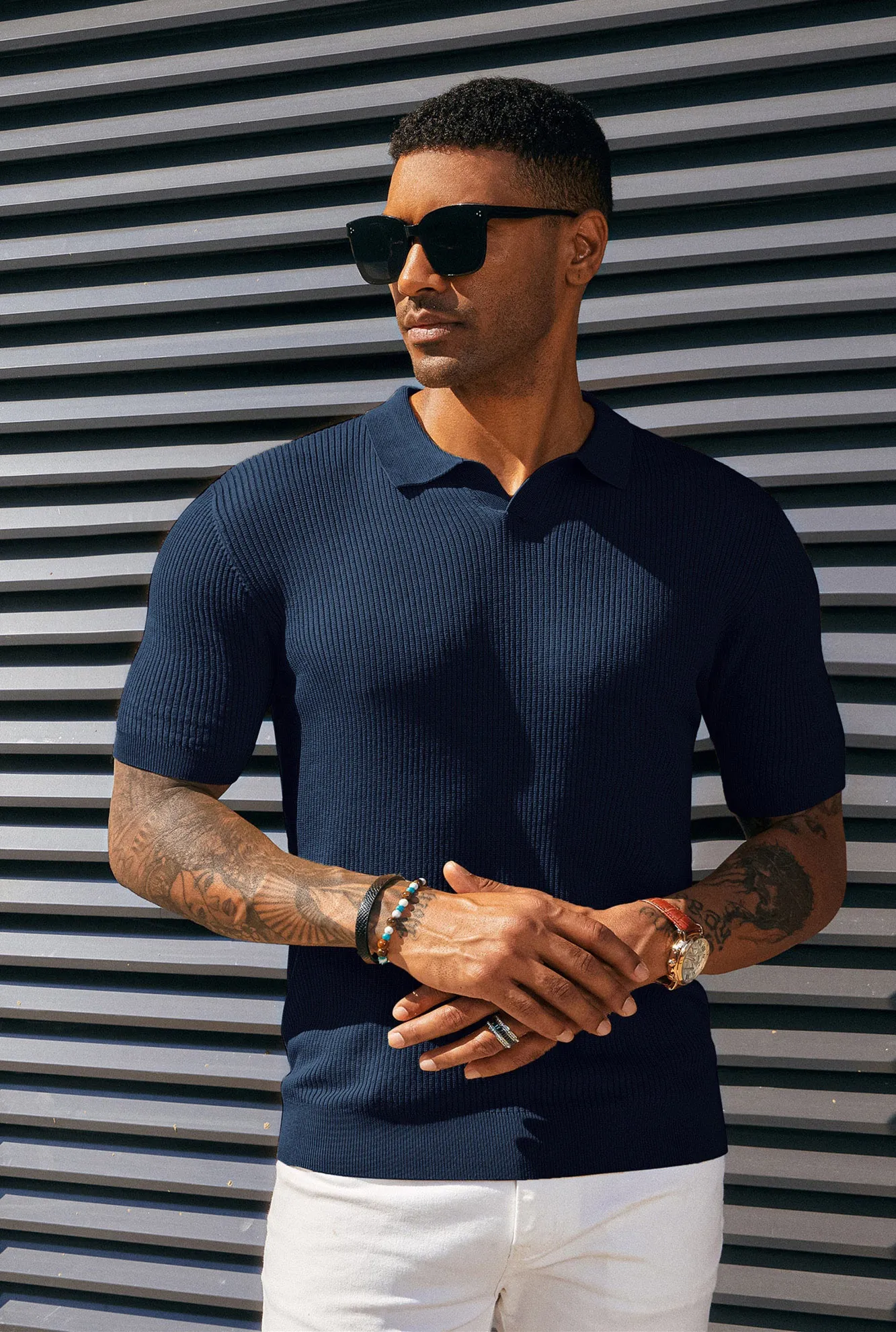 Men's Polo Shirt Ribbed Textured V Neck Knit Polo Shirts