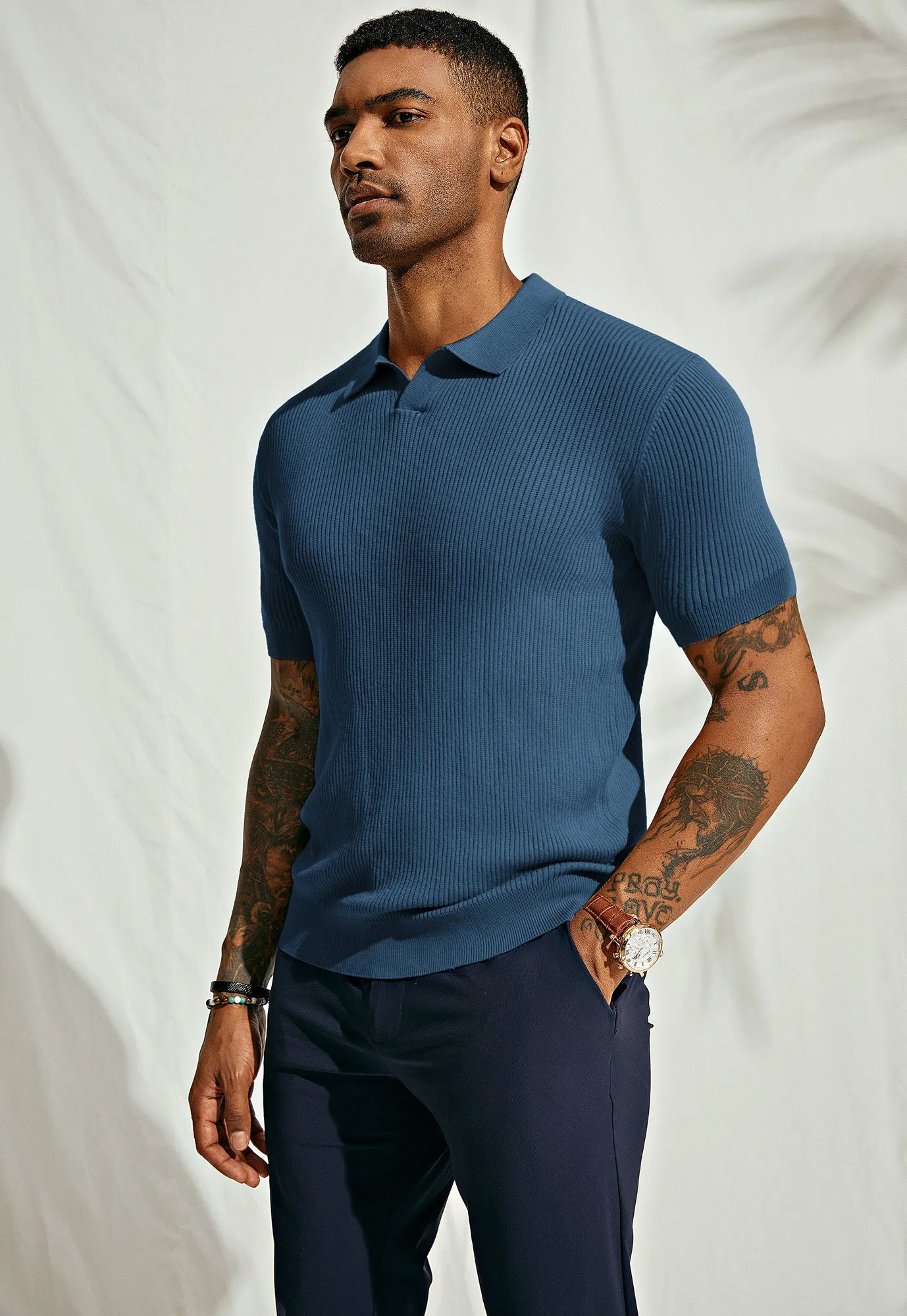 Men's Polo Shirt Ribbed Textured V Neck Knit Polo Shirts