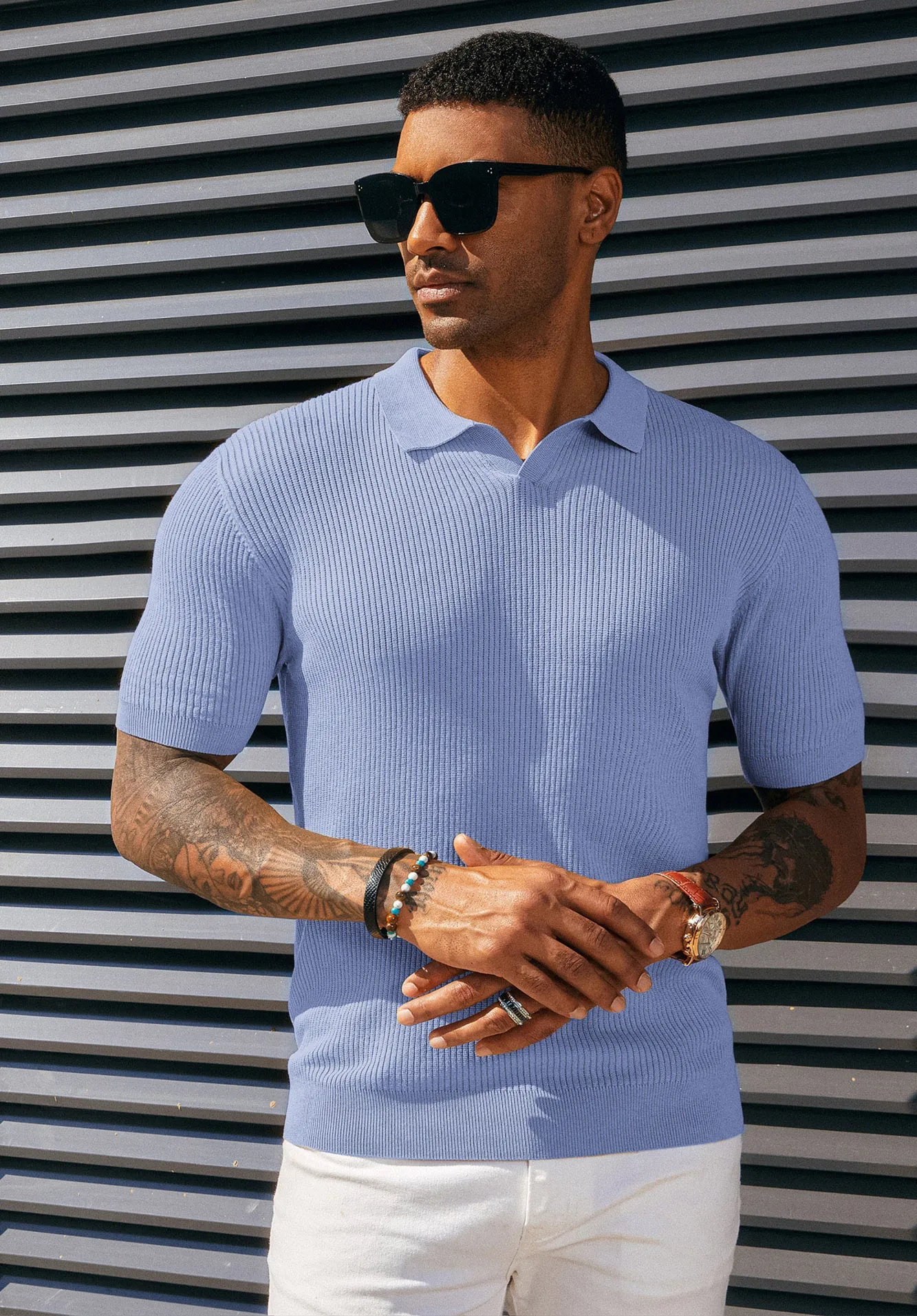 Men's Polo Shirt Ribbed Textured V Neck Knit Polo Shirts