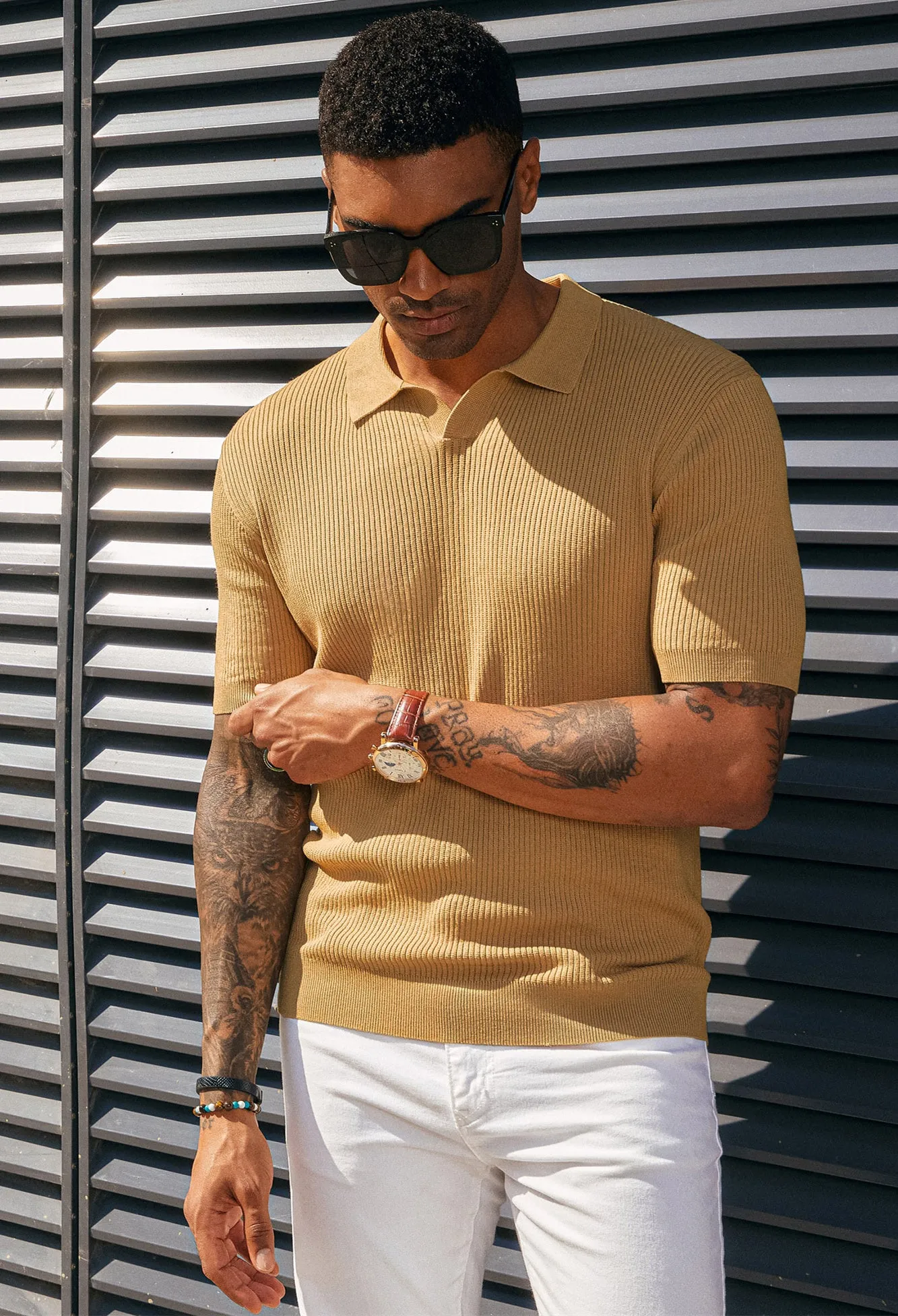 Men's Polo Shirt Ribbed Textured V Neck Knit Polo Shirts