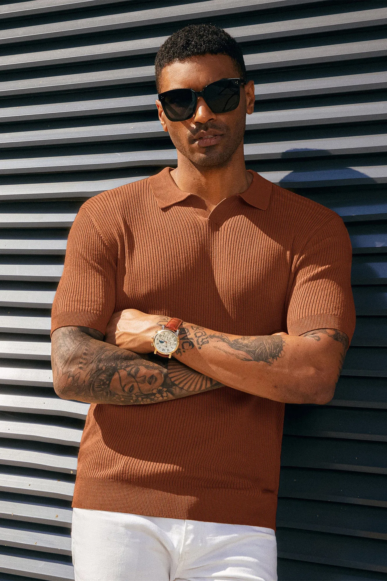 Men's Polo Shirt Ribbed Textured V Neck Knit Polo Shirts