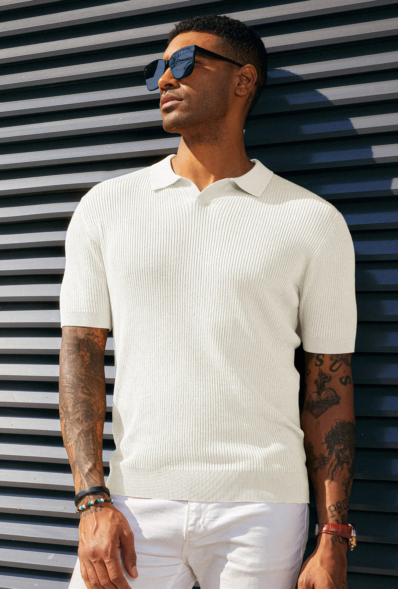 Men's Polo Shirt Ribbed Textured V Neck Knit Polo Shirts