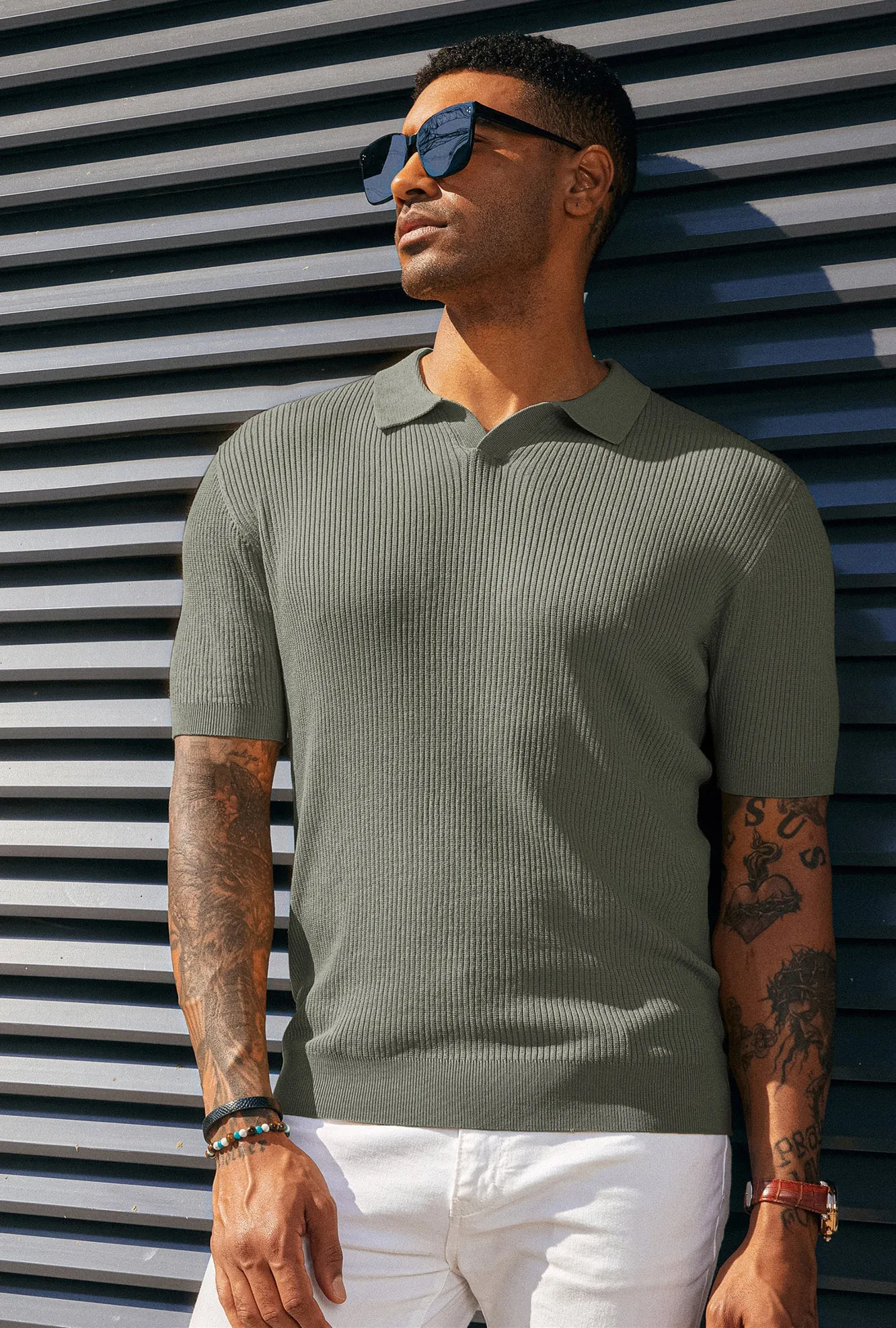 Men's Polo Shirt Ribbed Textured V Neck Knit Polo Shirts