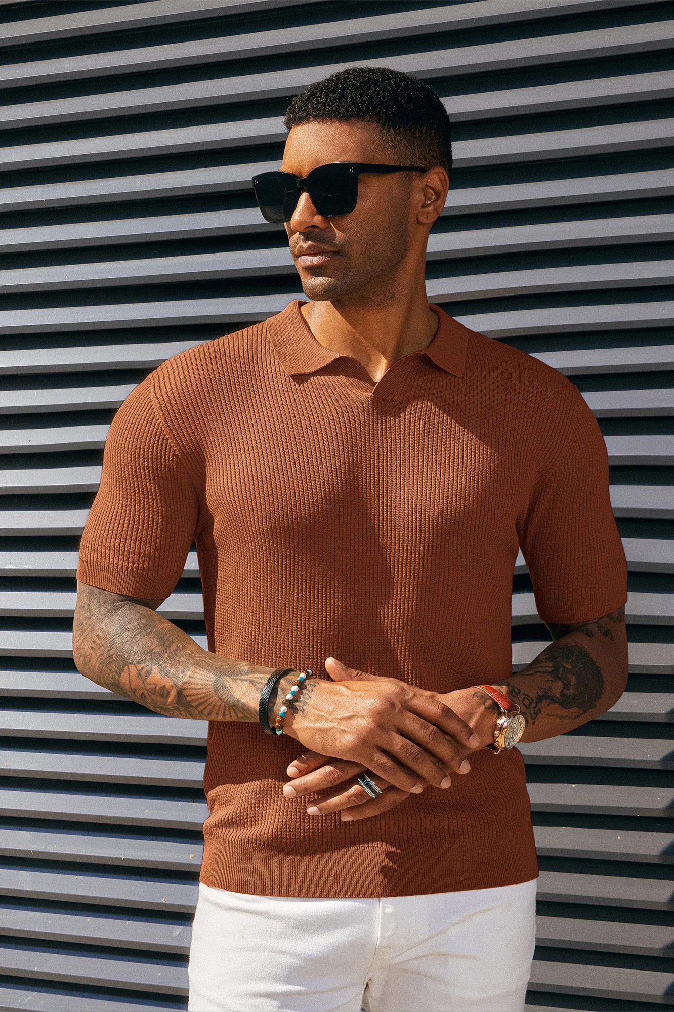 Men's Polo Shirt Ribbed Textured V Neck Knit Polo Shirts