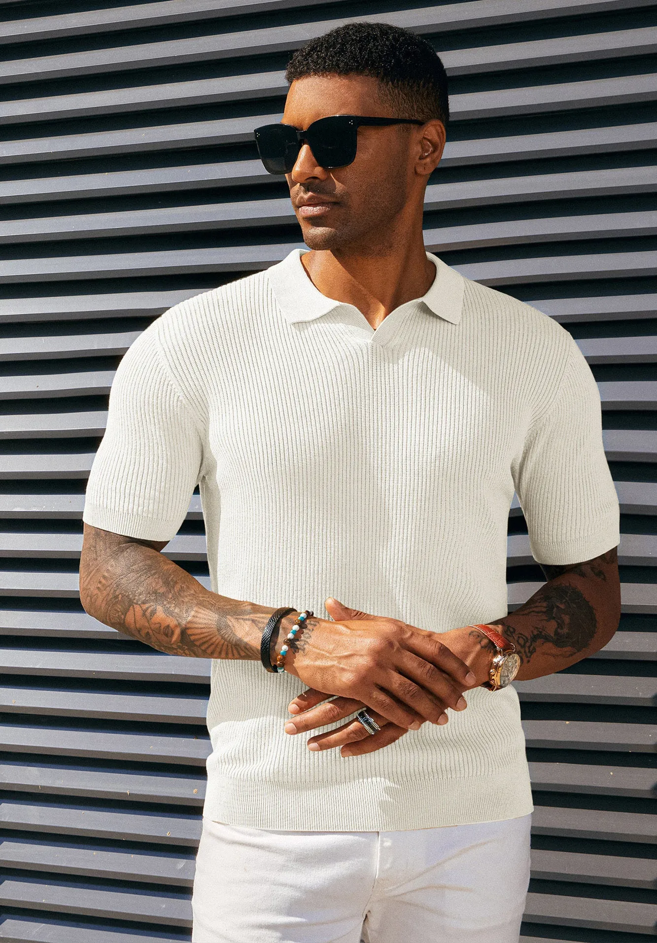 Men's Polo Shirt Ribbed Textured V Neck Knit Polo Shirts