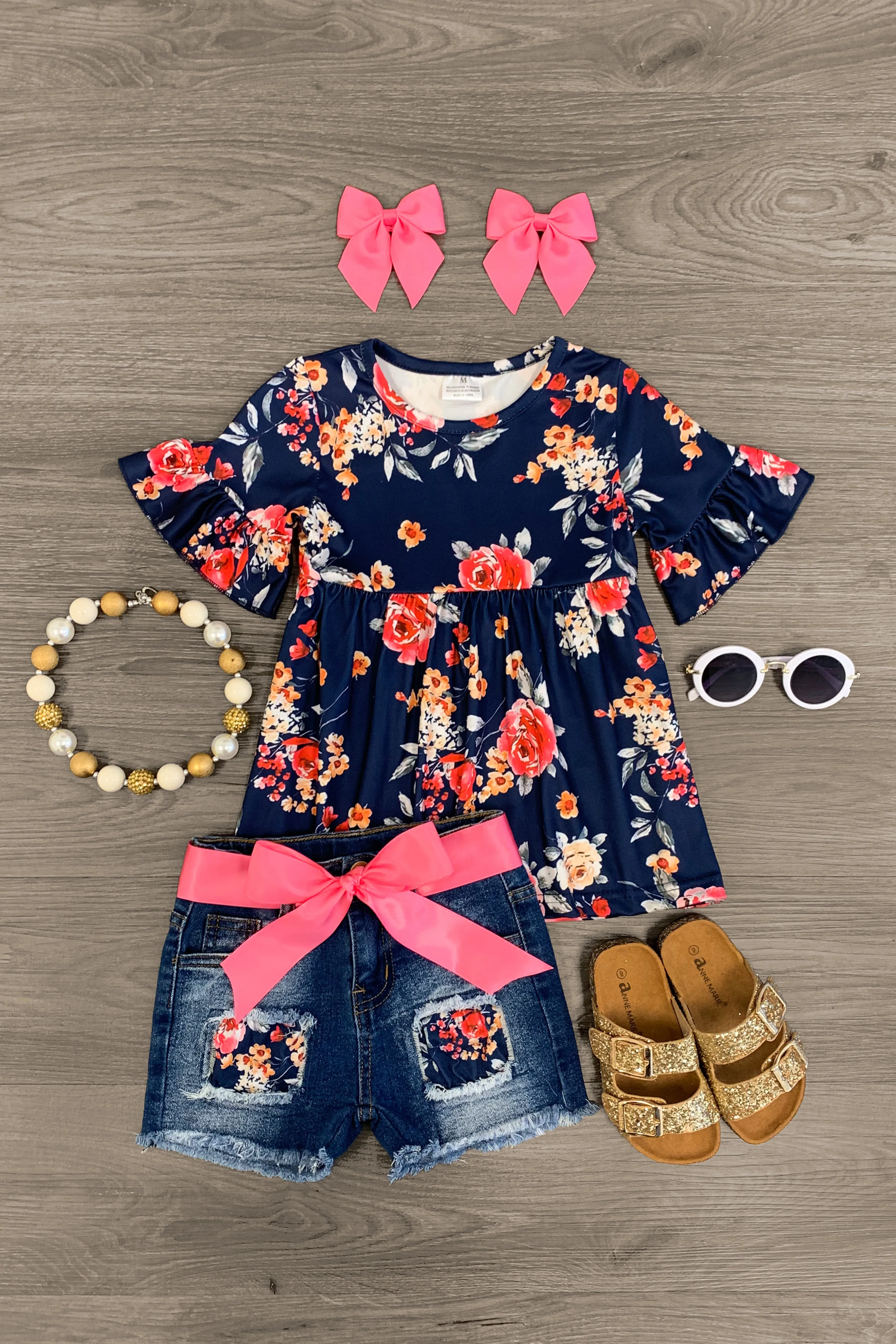 Navy Blue Rose Floral Distressed Denim Short Set