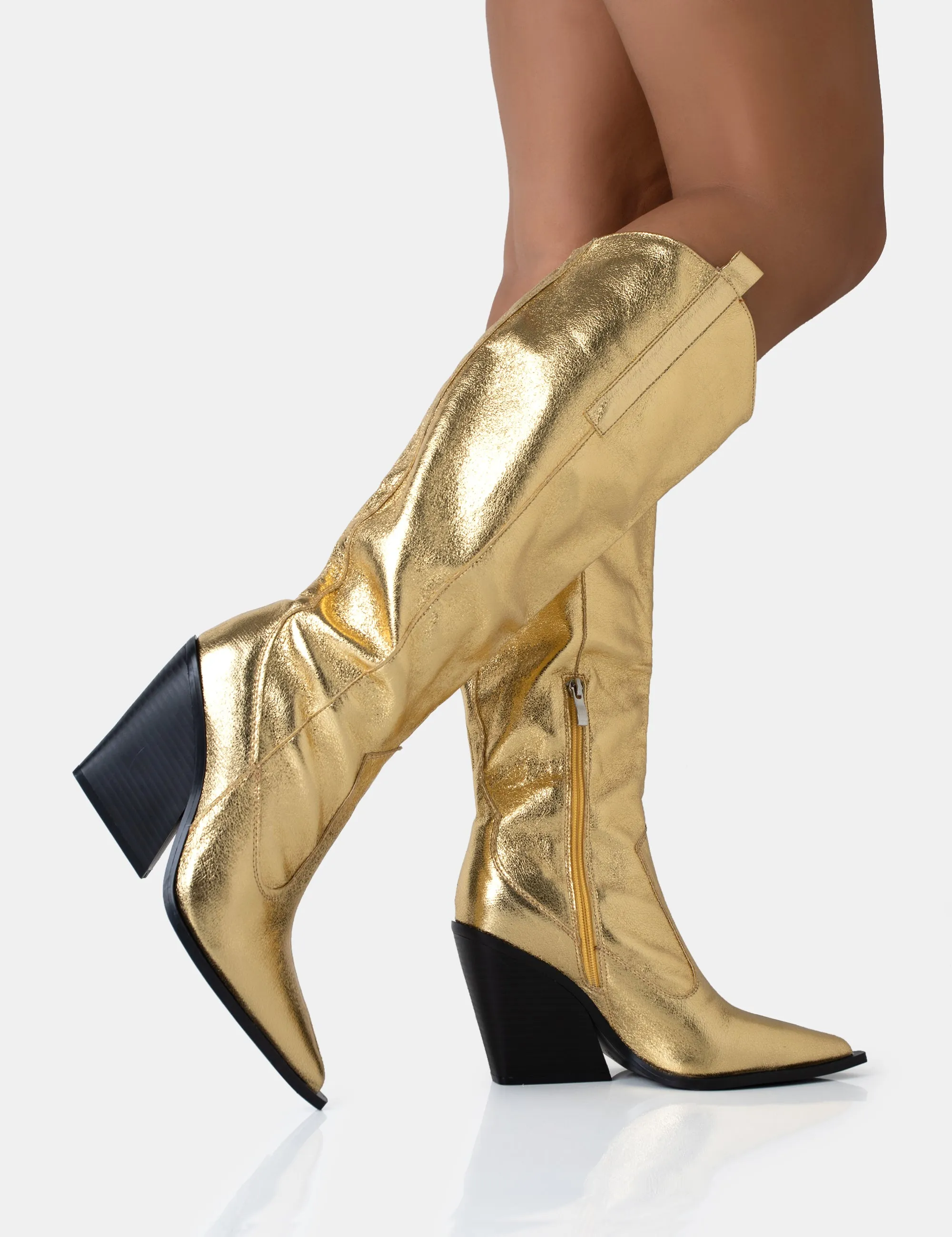 Nevada Gold Metallic Western Cowboy Block Heel Knee High Boots