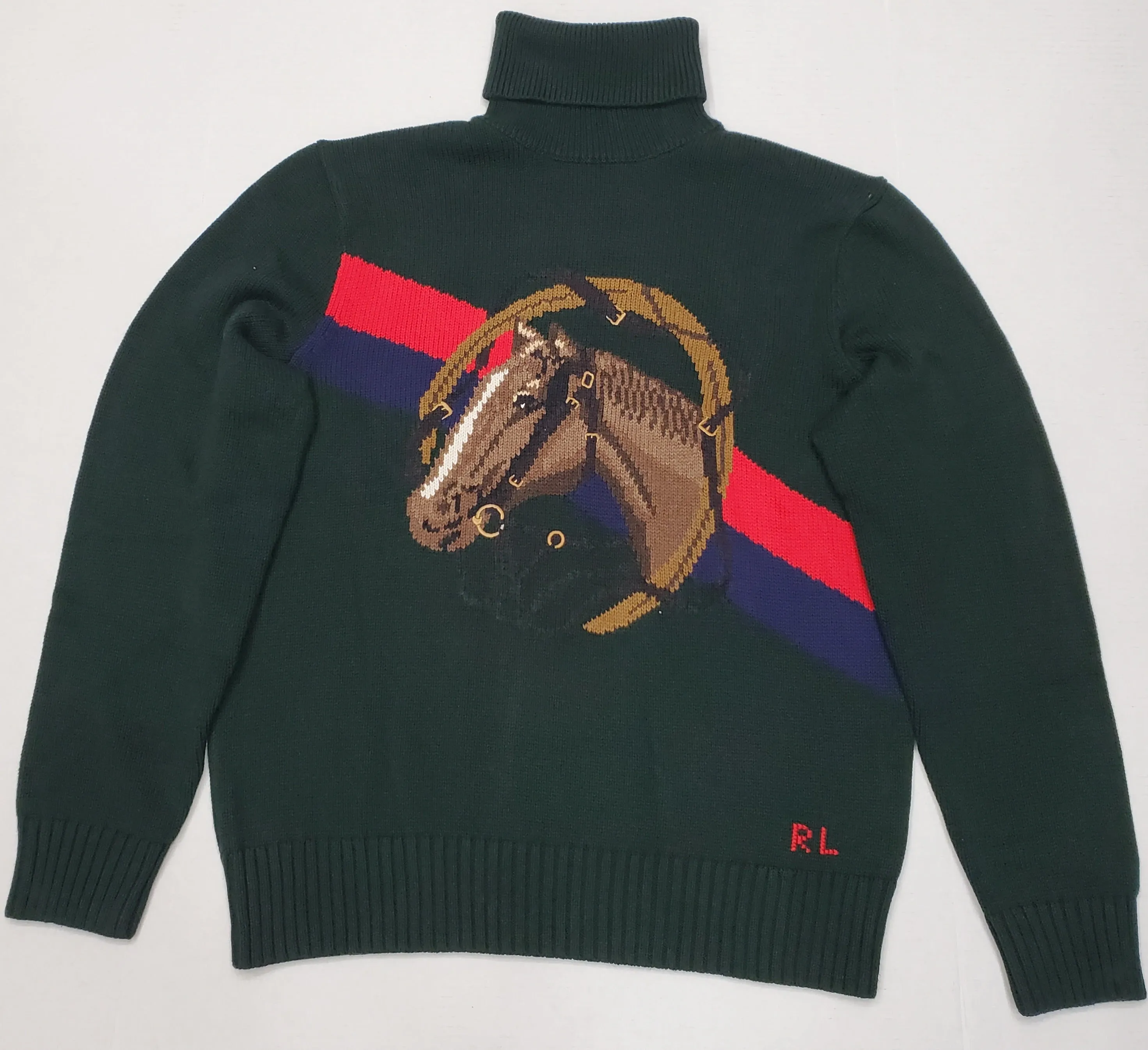 Nwt Polo Ralph Lauren Green Turtleneck Horsehead Cotton Sweater