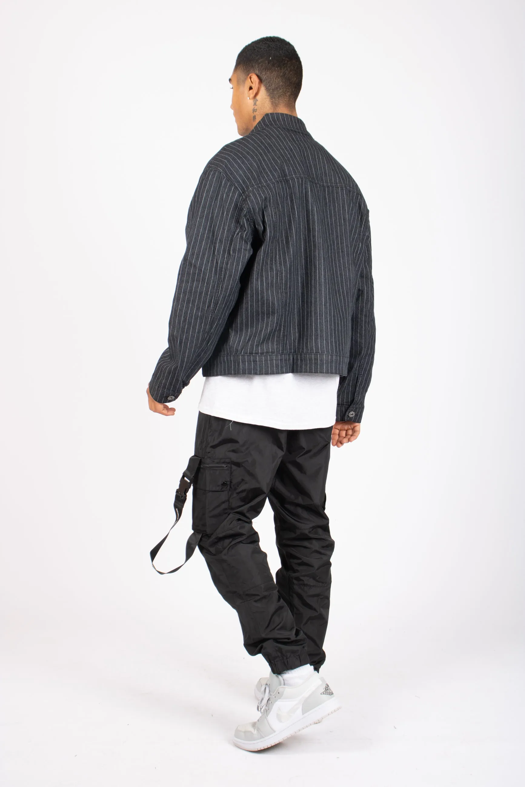 Oversized Pinstripe Utility Denim Jacket