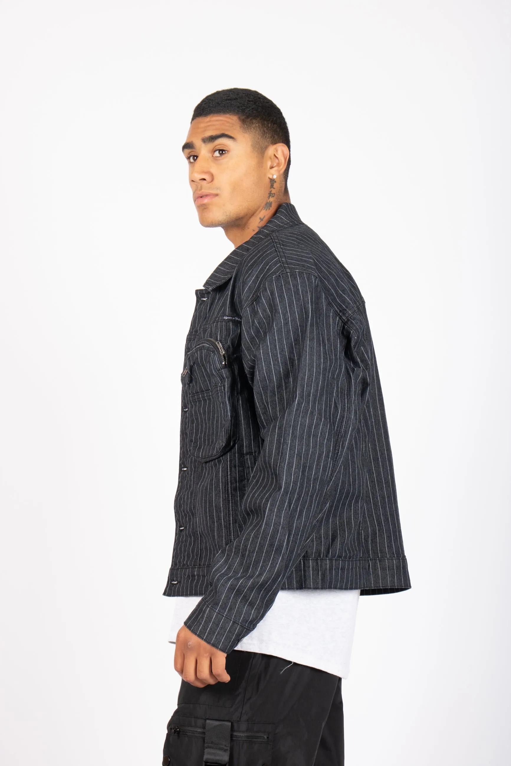 Oversized Pinstripe Utility Denim Jacket