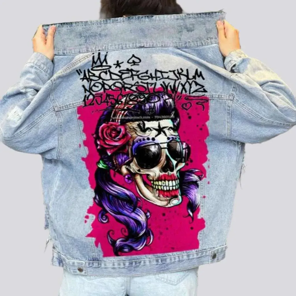 Painted skull print jeans jacket
 for women