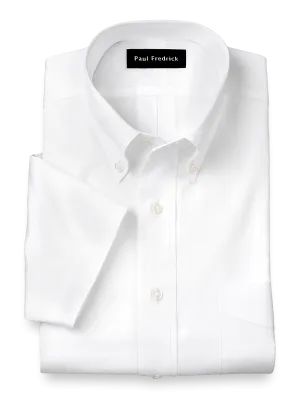 Pure Cotton Pinpoint Solid Color Button Down Collar Short Sleeve Dress Shirt - White