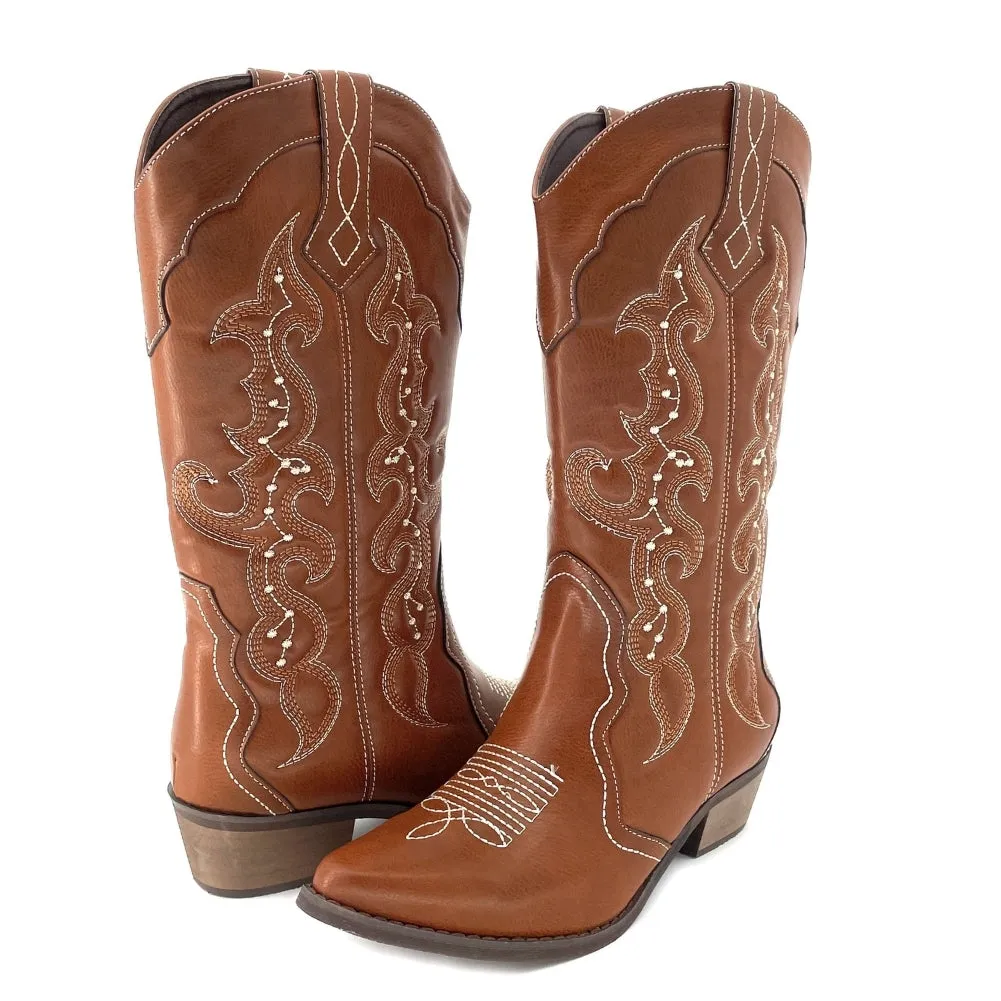 SheSole Womens Wide Calf Cowboy Cowgirls Boots Tan