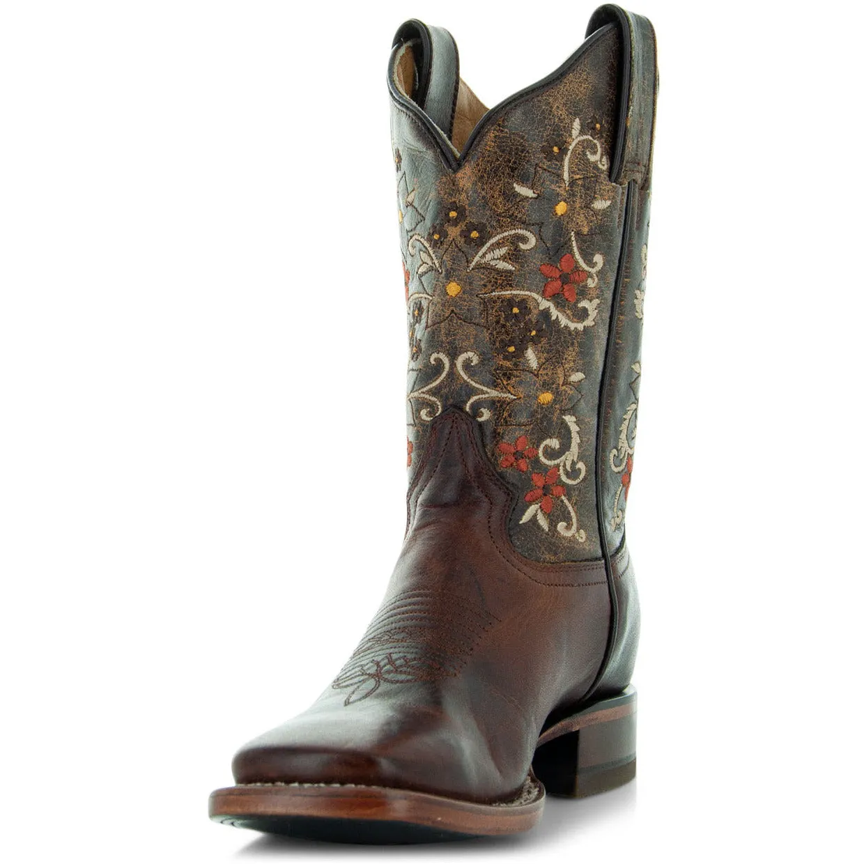 Soto Boots Brown Embroidered Floral Square Toe Cowgirl Boots M4006