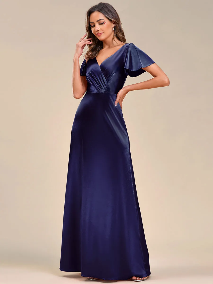 V-Neck Fit A-Line Floor Longth Ruffles Sleeve Satin Evening Dresses