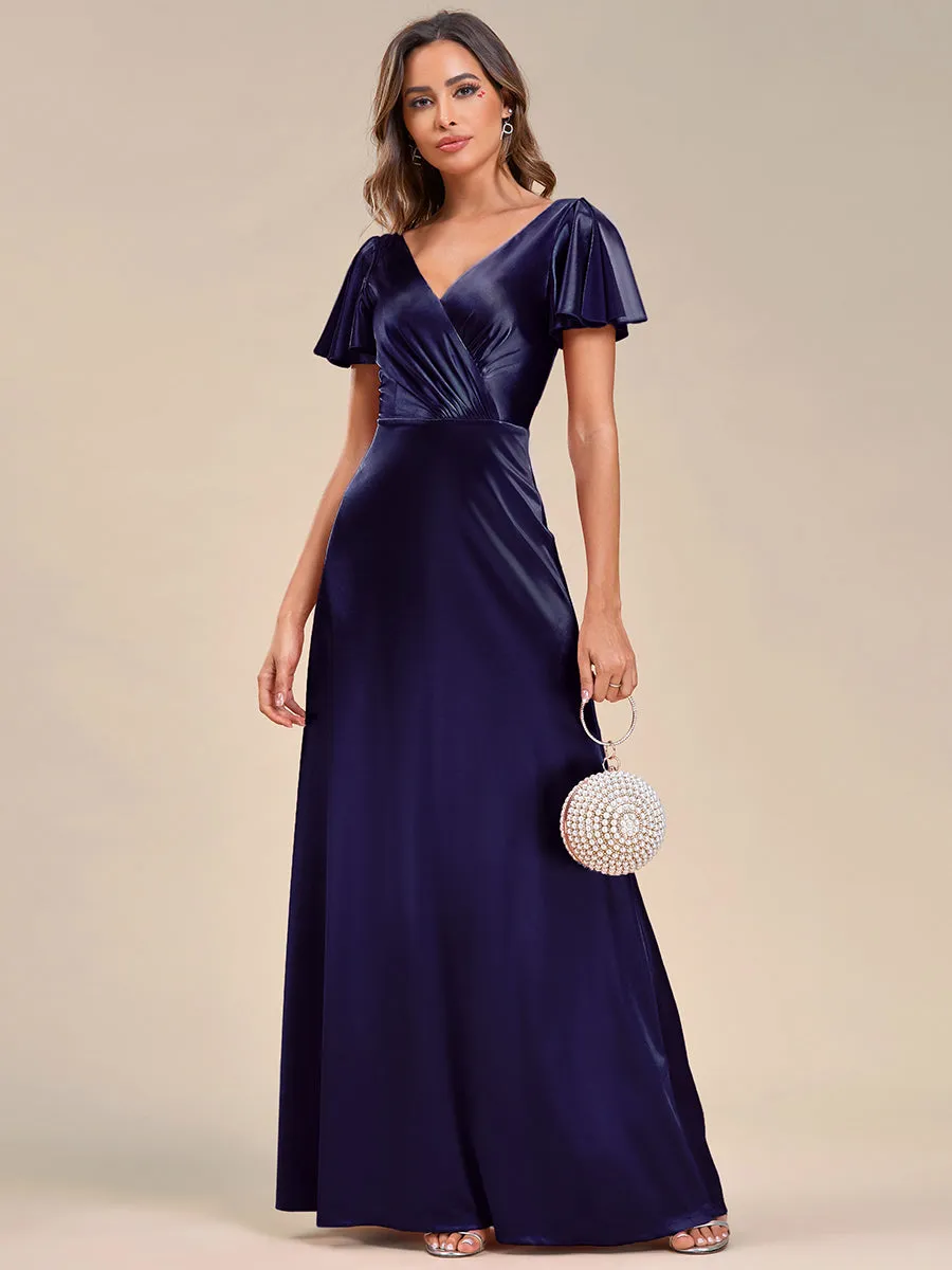 V-Neck Fit A-Line Floor Longth Ruffles Sleeve Satin Evening Dresses