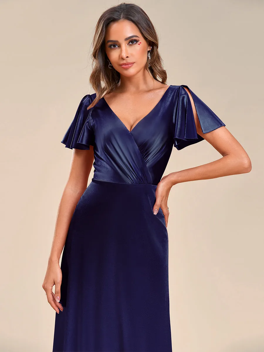 V-Neck Fit A-Line Floor Longth Ruffles Sleeve Satin Evening Dresses