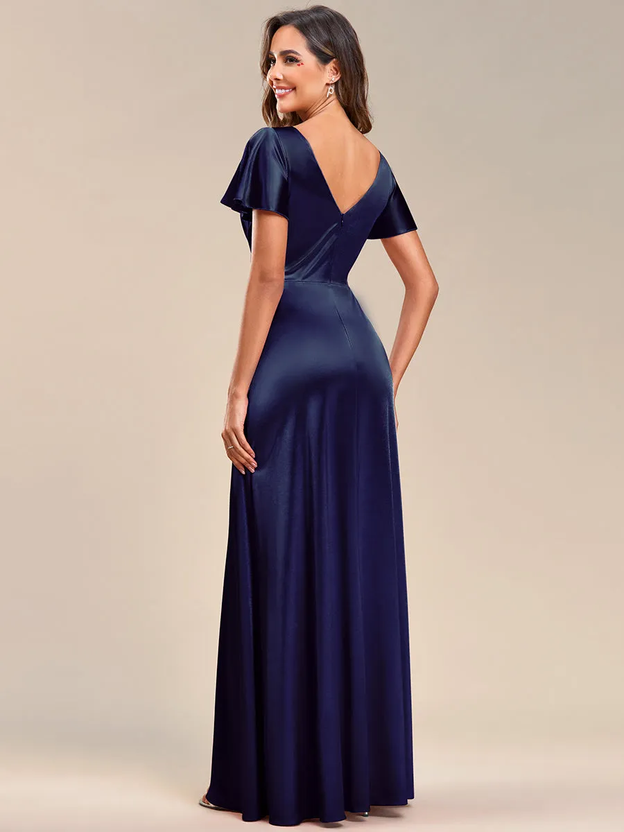 V-Neck Fit A-Line Floor Longth Ruffles Sleeve Satin Evening Dresses