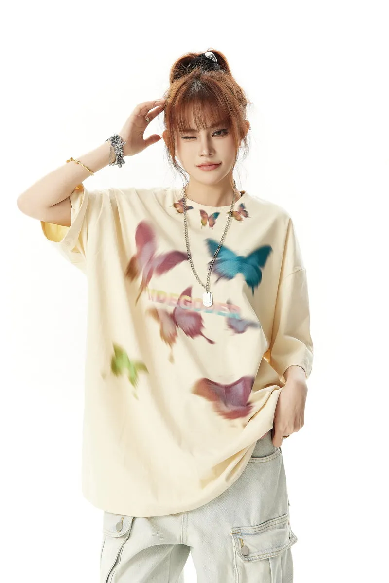 Vertiginous Butterfly Print Short Sleeve Niche Retro T-Shirt