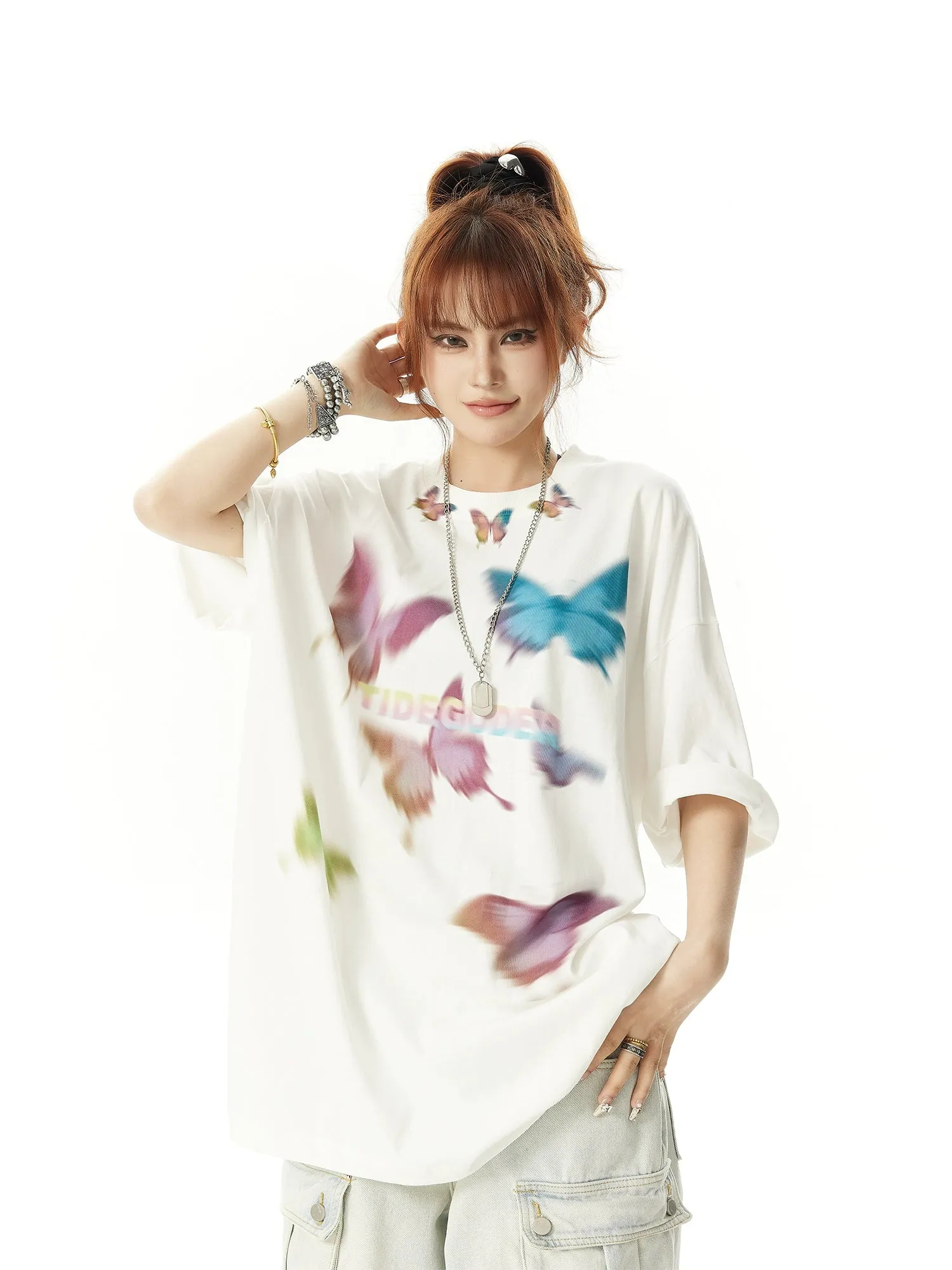 Vertiginous Butterfly Print Short Sleeve Niche Retro T-Shirt