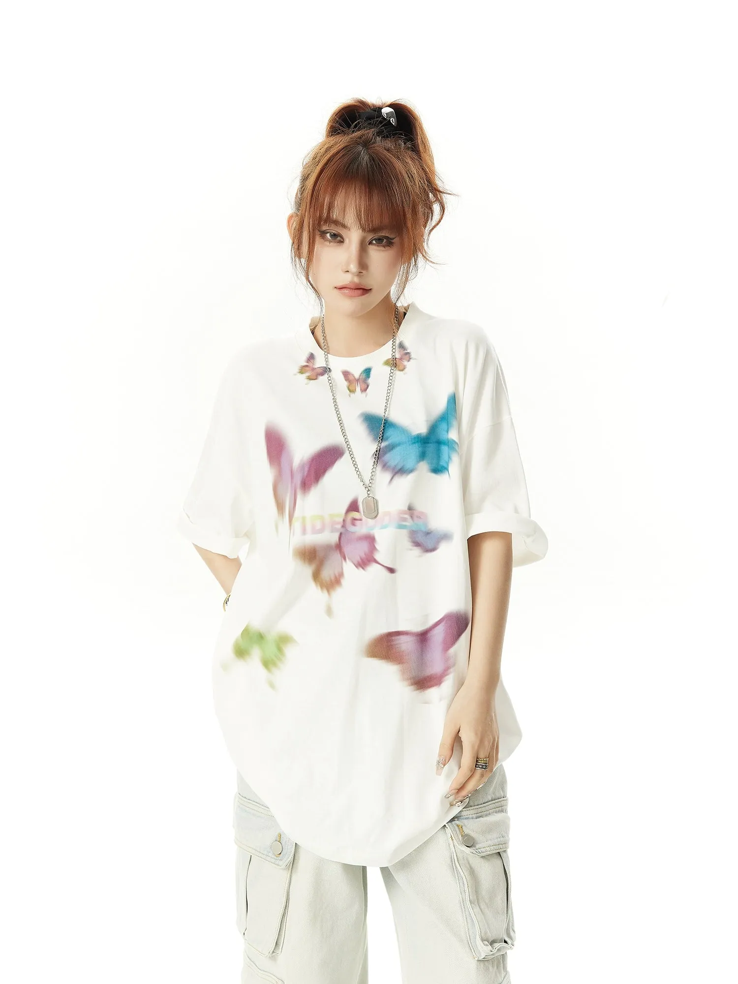 Vertiginous Butterfly Print Short Sleeve Niche Retro T-Shirt