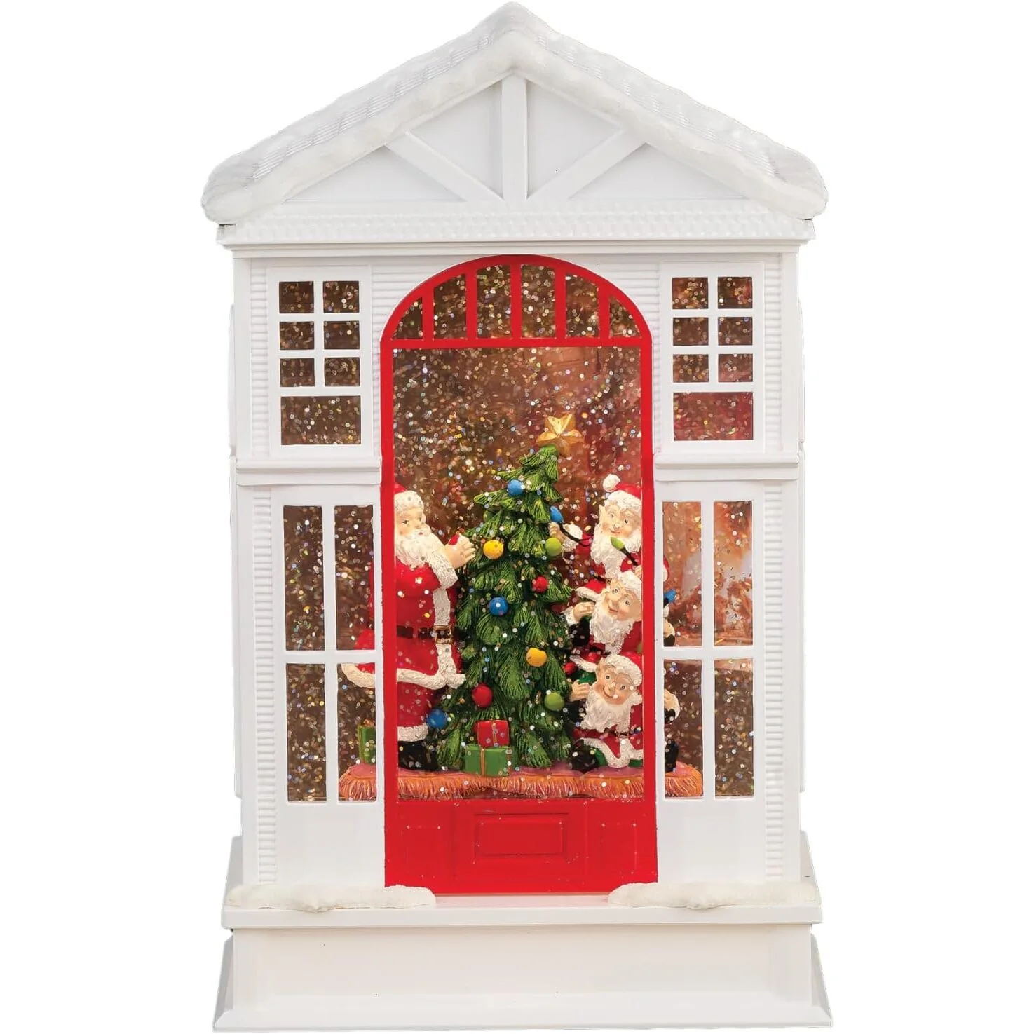 Lighted Swirl 2-Story House With Santa And His Little Helpers, 10"