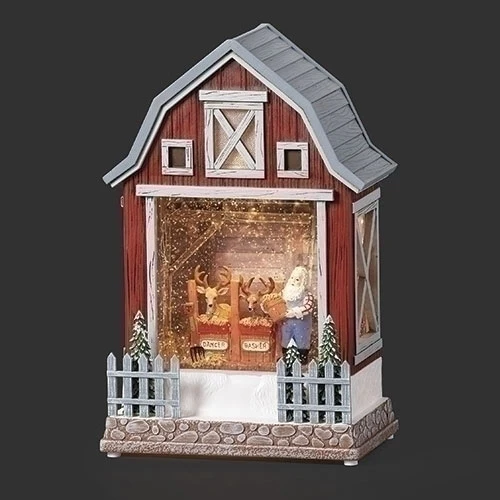 Lighted Swirl Barn W/ Santa Feeding Reindeer, 10"