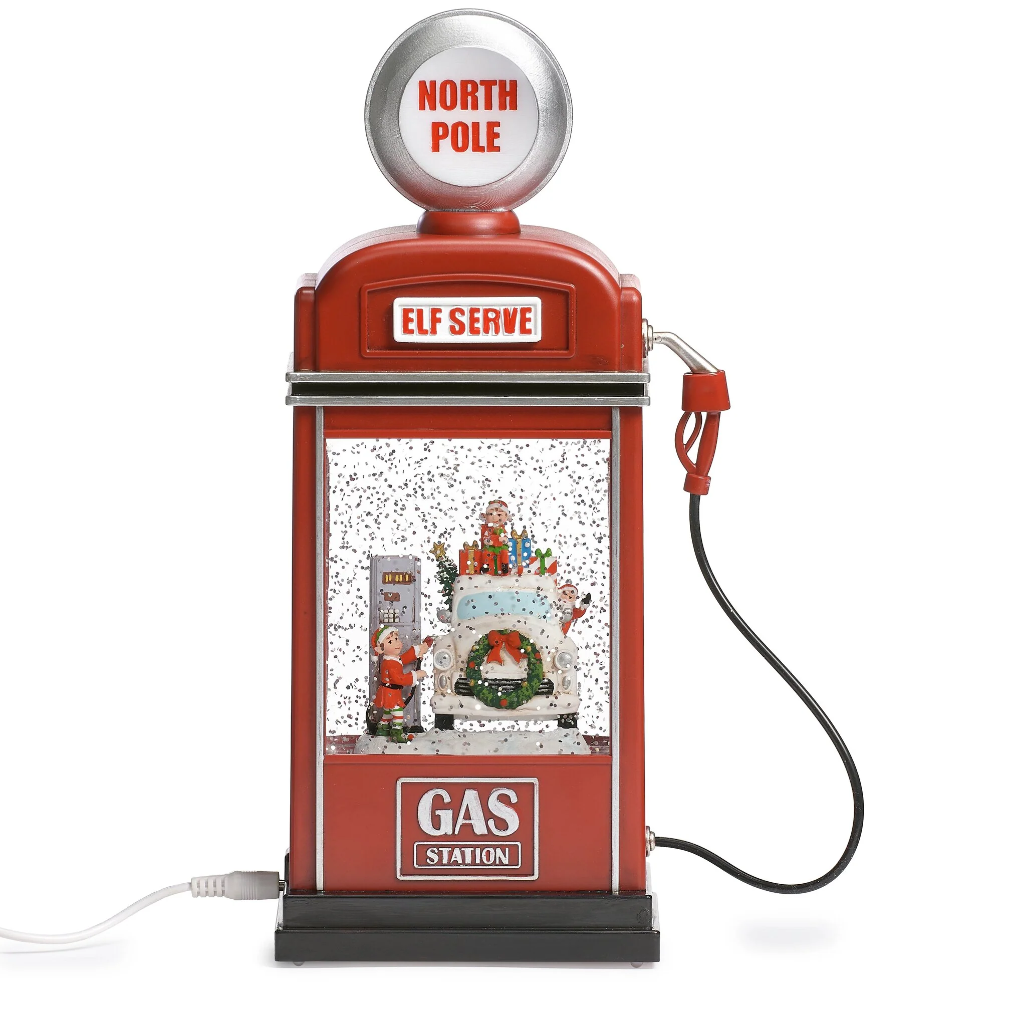 Lighted Swirl North Pole Gas Pump W/ Santa And Elves, 11.5"