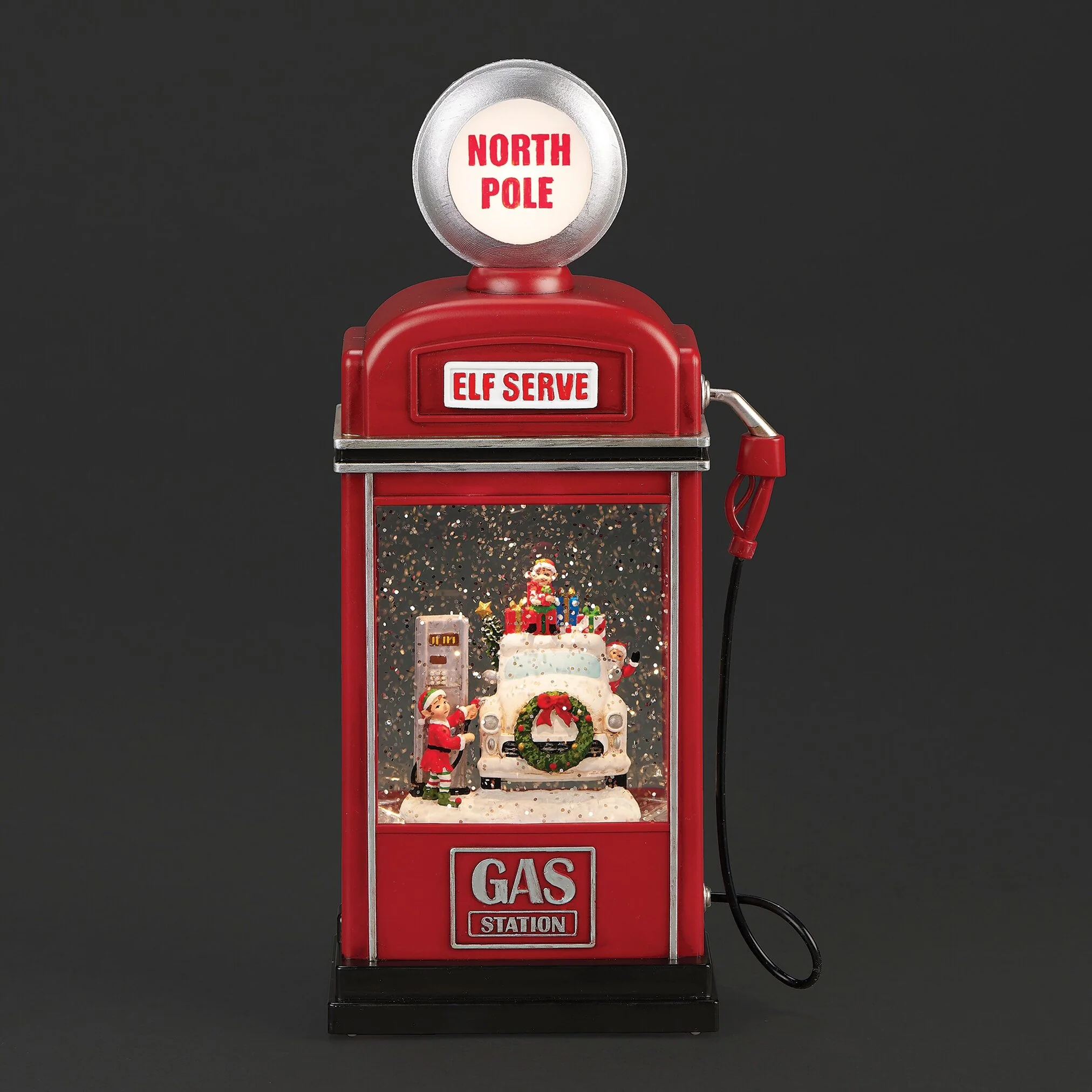 Lighted Swirl North Pole Gas Pump W/ Santa And Elves, 11.5" - Image 2