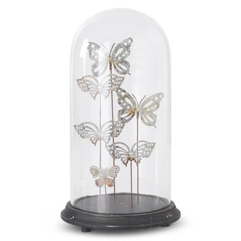 17.5" Glass Dome w/Rustic Metal Butterflies on Spindle