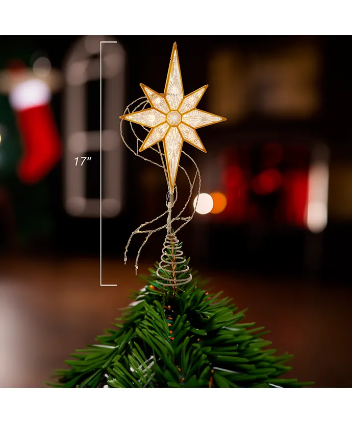 17" Pre-Lit Gold Glittered 8-point Star Treetop - Image 10