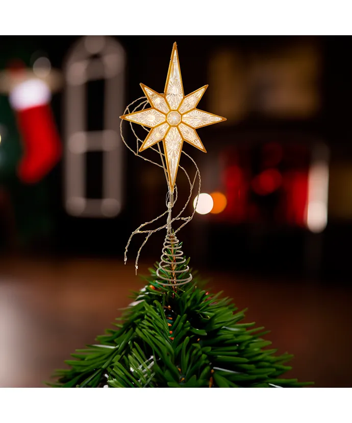 17" Pre-Lit Gold Glittered 8-point Star Treetop - Image 2