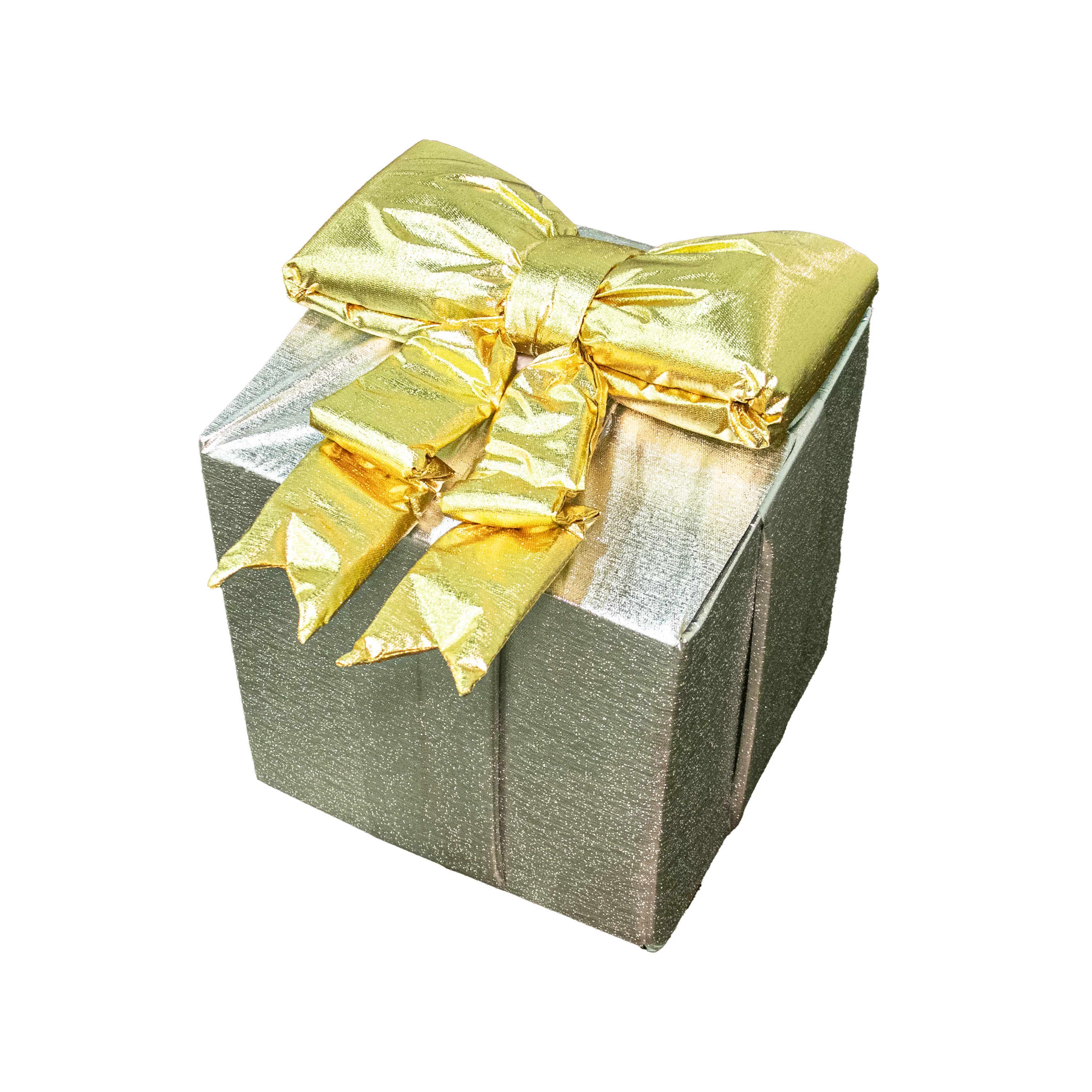 18β Silver Metallic Fabric Gift Box w/Gold Puff Bow (indoor)