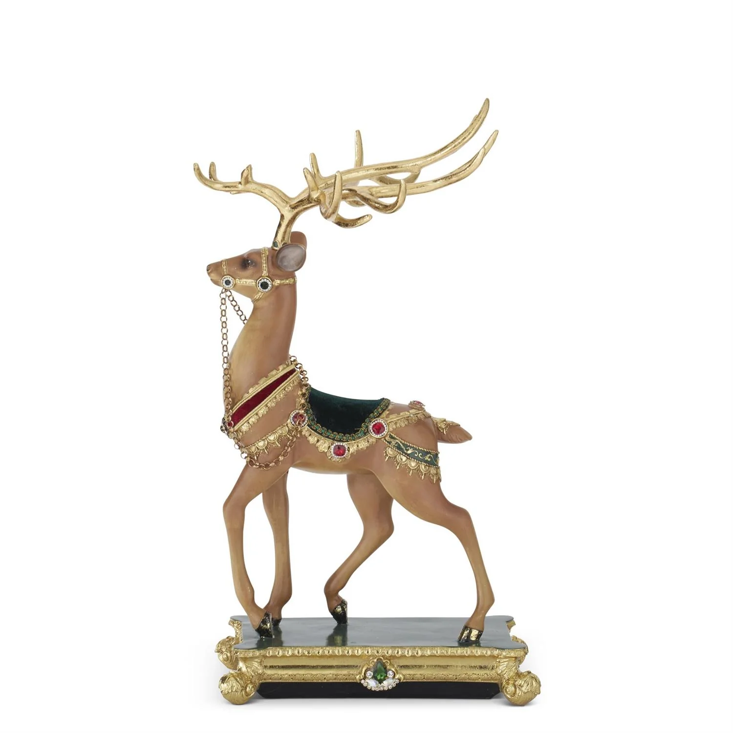 Green Gold & Burgundy Resin Ornate Reindeer Figurine, 21"
